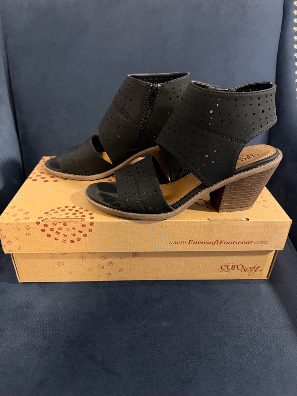 Eurosoft Black Perforated Block Heel Sandals